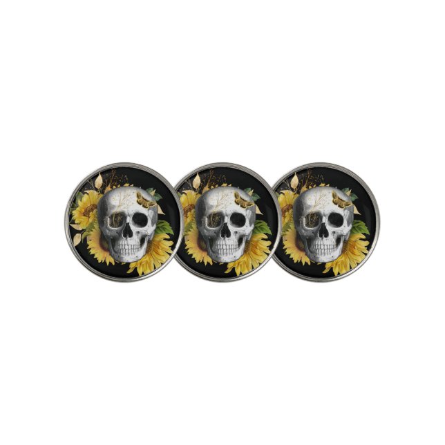Sunflower Skull on  Black Golf Ball Marker (3 Up)