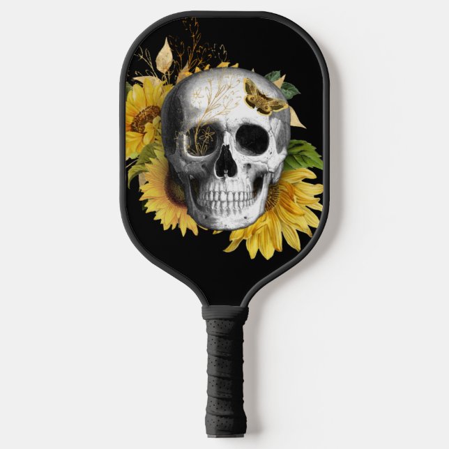 Sunflower Skull on Black Pickleball Paddle (Front)