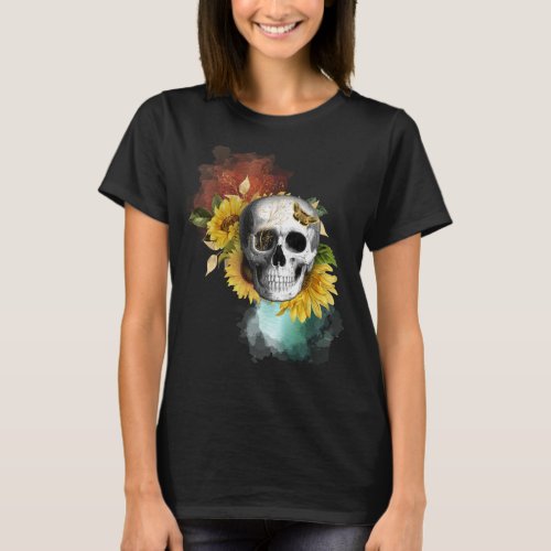 Sunflower Skull with Metal Abstract Background T_S T_Shirt