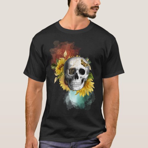 Sunflower Skull with Metal Abstract Background T_Shirt