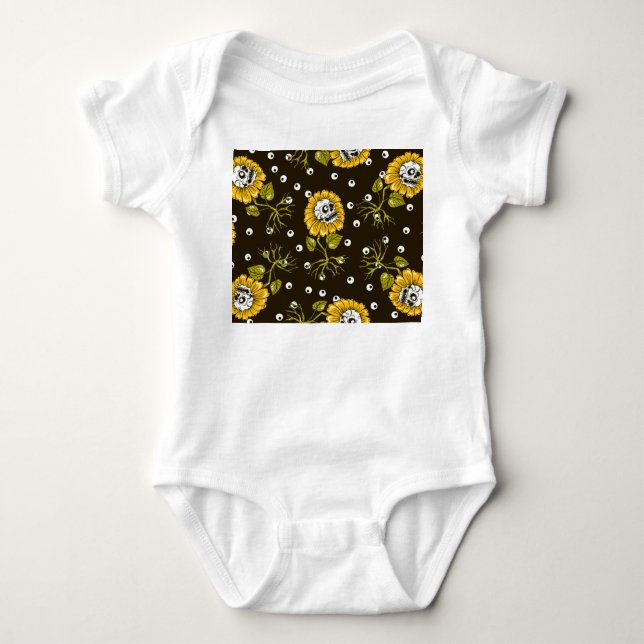 Sunflower Skulls: Unique Seamless Pattern. Baby Bodysuit (Front)