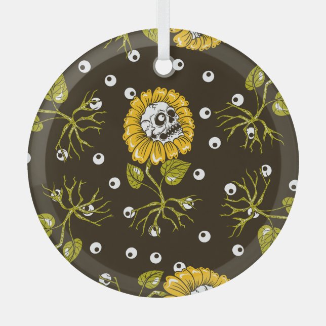 Sunflower Skulls: Unique Seamless Pattern. Glass Ornament (Front)