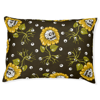 Sunflower Skulls: Unique Seamless Pattern. Pet Bed