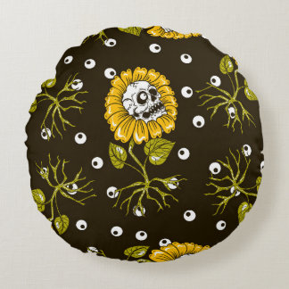 Sunflower Skulls: Unique Seamless Pattern. Round Pillow
