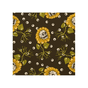 Sunflower Skulls: Unique Seamless Pattern. Wood Wall Art