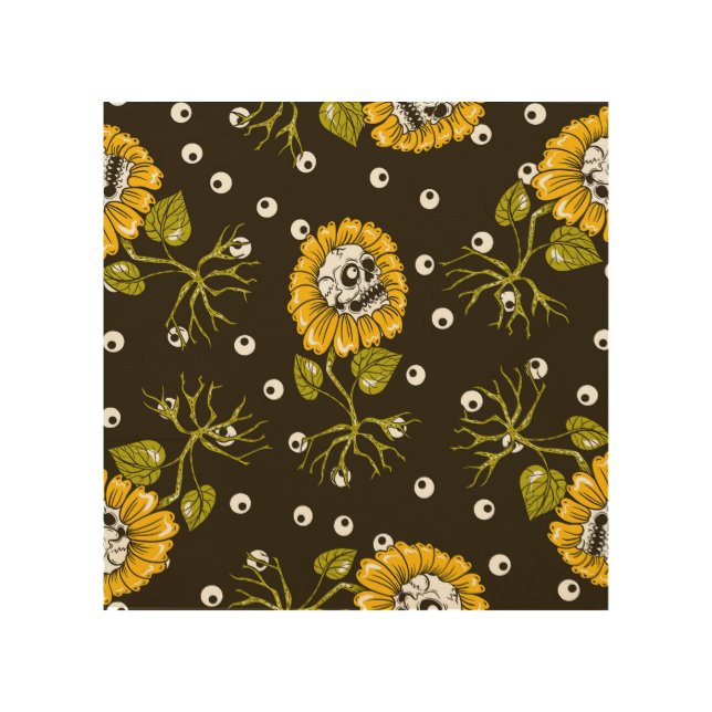Sunflower Skulls: Unique Seamless Pattern. Wood Wall Art (Front)