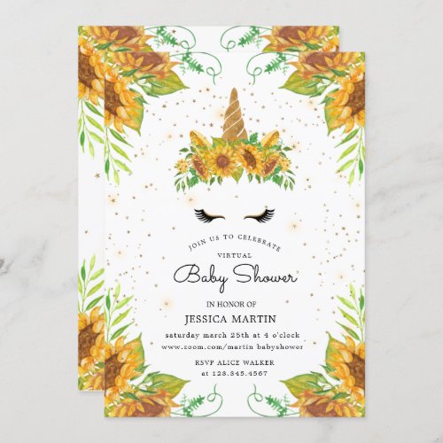 sunflower sleepy unicorn virtual baby shower invitation