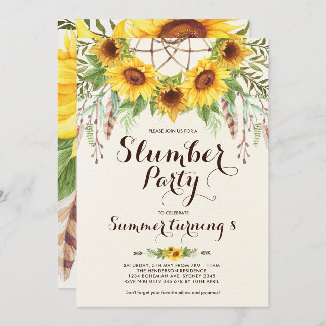 Sunflower Slumber Party Boho Sleepover Birthday Invitation (Front/Back)