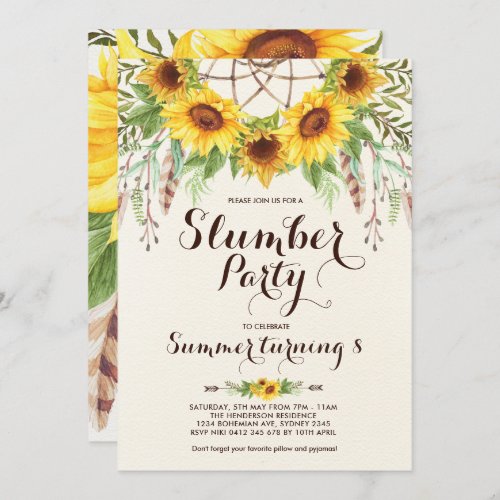 Sunflower Slumber Party Boho Sleepover Birthday Invitation