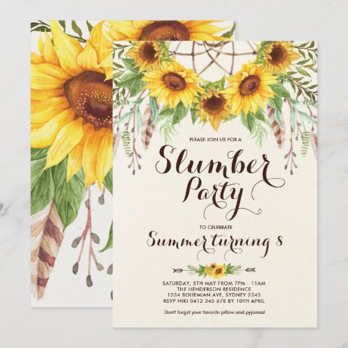 Sunflower Slumber Party Boho Sleepover Birthday Invitation