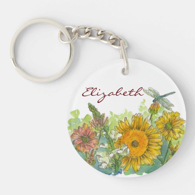 Sunflower Snapdragon Dragonfly Custom Name Keychain (Front)