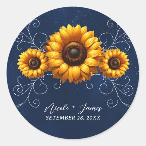 Sunflower Sparkle Blue Rustic Glam Bridal Shower Classic Round Sticker