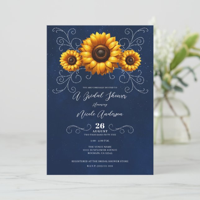 Sunflower Sparkle Blue Rustic Glam Bridal Shower Invitation (Standing Front)