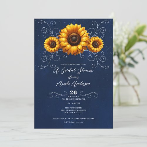 Sunflower Sparkle Blue Rustic Glam Bridal Shower Invitation