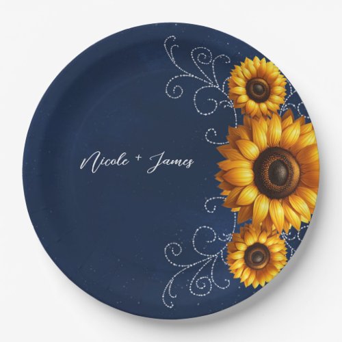 Sunflower Sparkle Blue Rustic Glam Bridal Shower Paper Plates