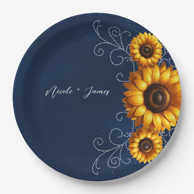 Sunflower Sparkle Blue Rustic Glam Bridal Shower Paper Plates (Front)