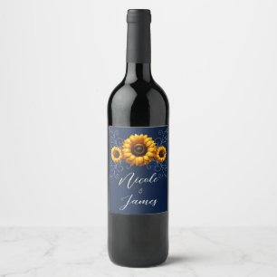 Sunflower Sparkle Blue Rustic Glam Wedding Wine Label