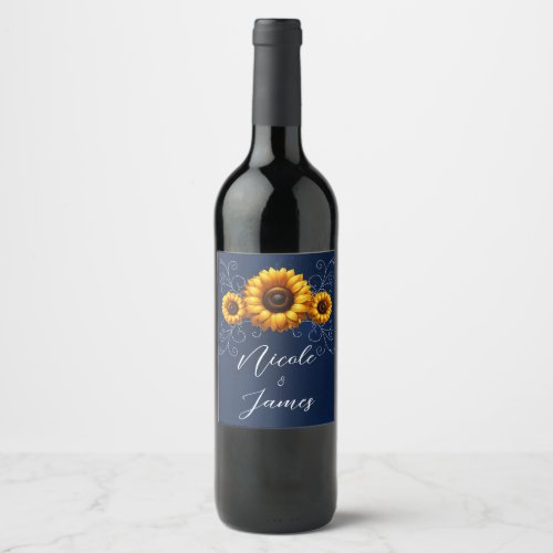 Sunflower Sparkle Blue Rustic Glam Wedding  Wine Label