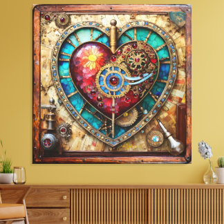 Sunflower Stained Glass Heart Steampunk Series Canvas Print