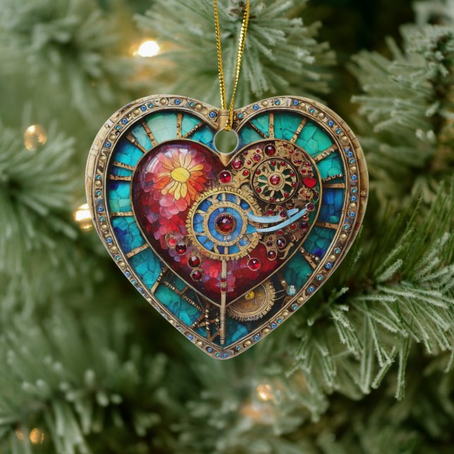 Sunflower Stained Glass Heart Steampunk Series Ceramic Ornament (Tree)