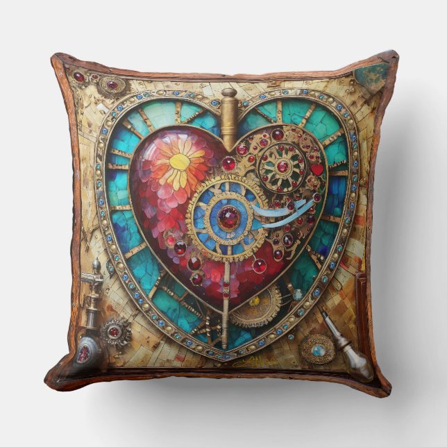 Sunflower Stained Glass Heart Steampunk Series Throw Pillow (Front)
