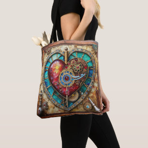 Sunflower Stained Glass Heart Steampunk Series Tote Bag