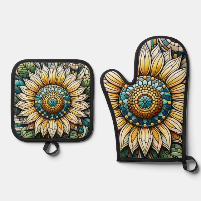 Sunflower Stained Glass Mosaic Oven Mitt & Pot Holder Set (Front)