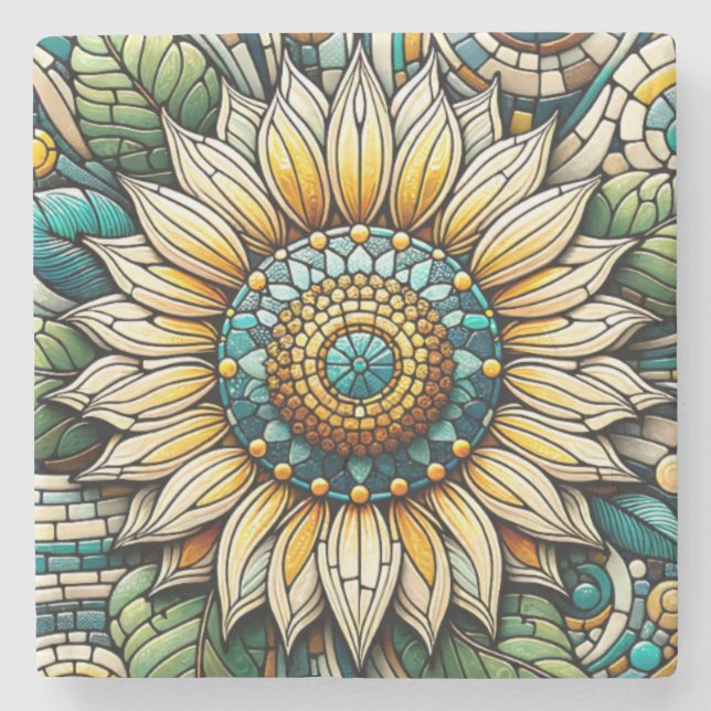 Sunflower Stained Glass Mosaic Stone Coaster (Front)