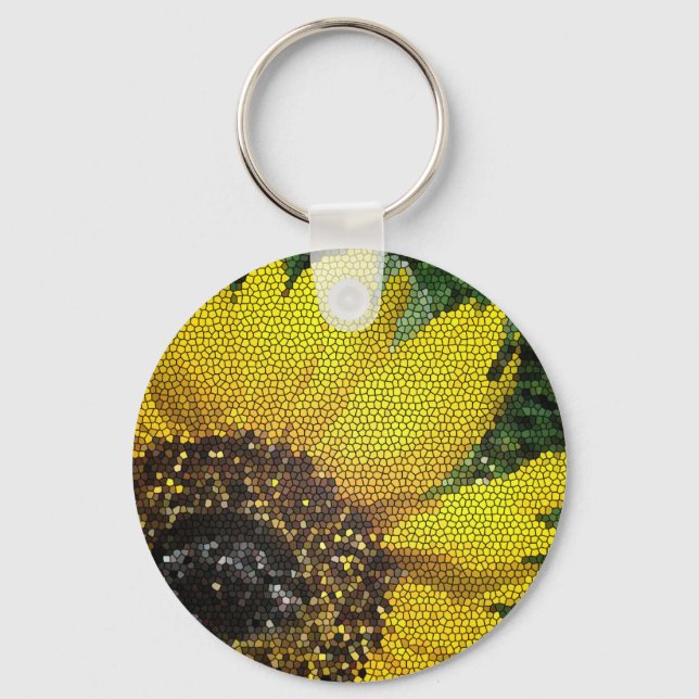 Sunflower Stained Glass Vivid Yellow Flower Mosaic Keychain (Front)