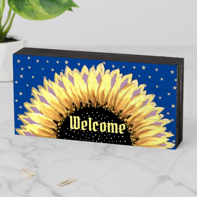 Sunflower & stars Welcome Wooden Box Sign (In Situ Horizontal)