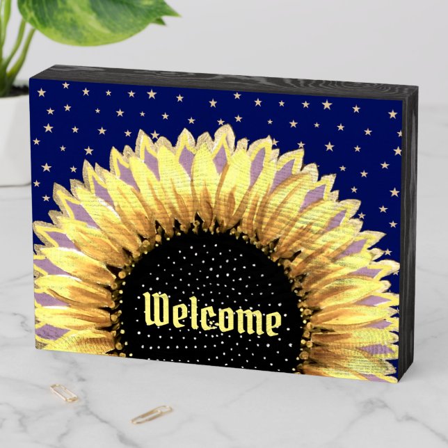 Sunflower & stars Welcome Wooden Box Sign (In Situ Horizontal)