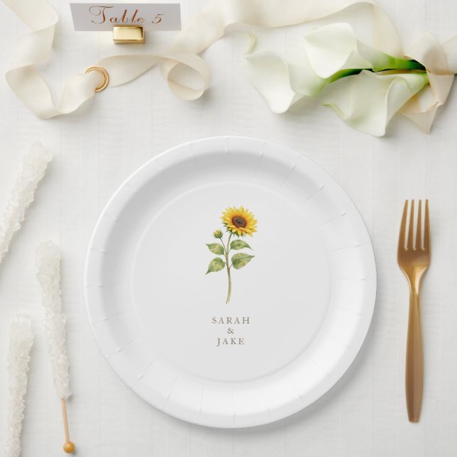 Sunflower Stem Couple Names Personalized Paper Plates (Wedding)