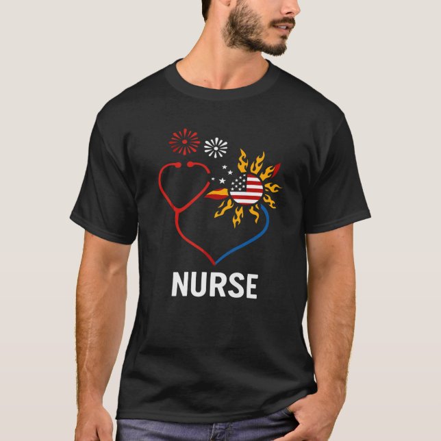 Sunflower Stethoscope Nurse Fourth 4th Of July RN  T-Shirt (Front)