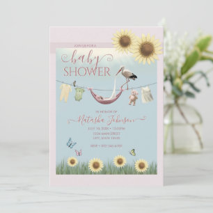 Sunflower Stork Baby Girl Shower Invitation
