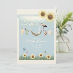 Sunflower Stork Gender Neutral Baby Shower Invitation