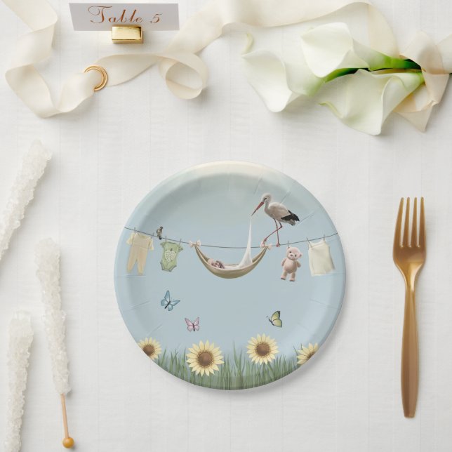 Sunflower Stork Neutral Round Paper Plates (Wedding)