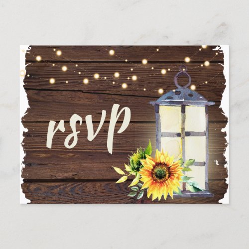 Sunflower String Light Lantern Rustic Wood RSVP Invitation Postcard