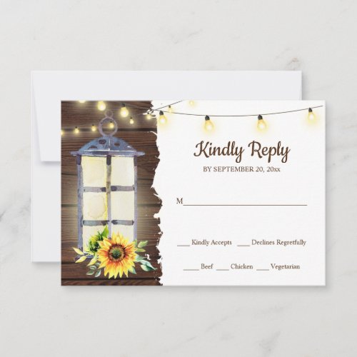 Sunflower String Light Lantern Rustic Wood Wedding RSVP Card