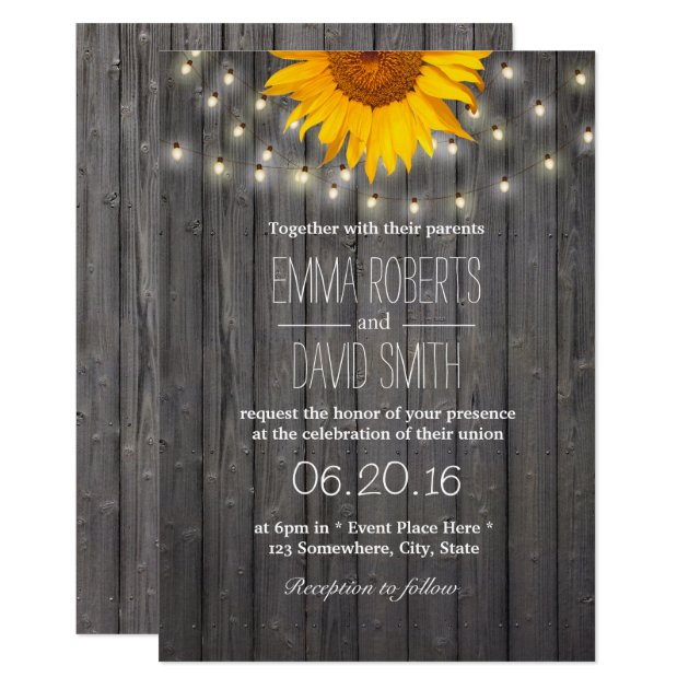 Sunflower & String Lights Barn Wood Wedding Invitation