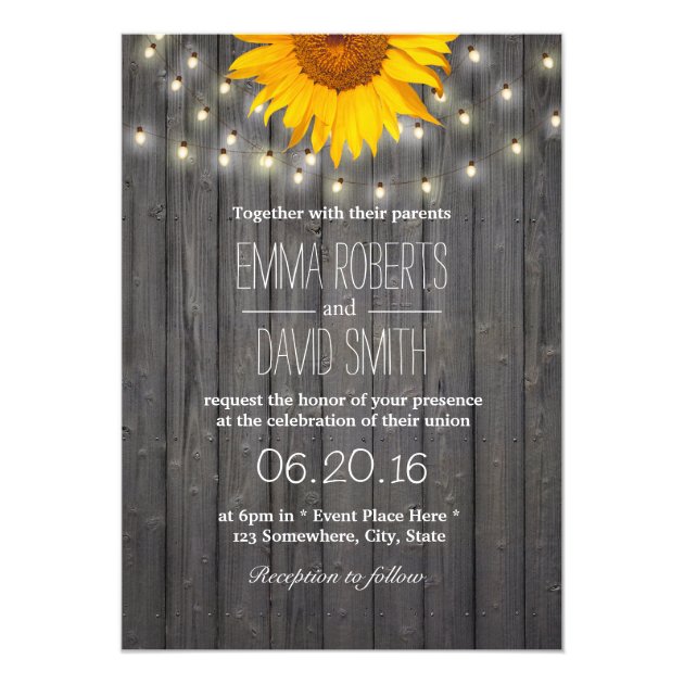 Sunflower & String Lights Barn Wood Wedding Invitation