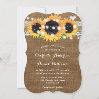 Sunflower String Lights Burlap Lace Wedding Invitation
