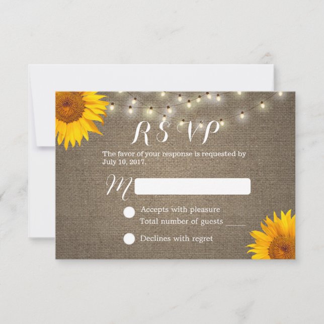 Sunflower & String Lights Burlap Wedding RSVP Card (Front)