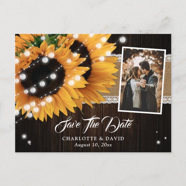 Sunflower String Lights Burlap Wood Wedding Photo Announcement Postcard (Front)