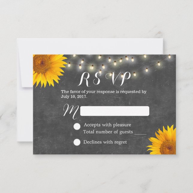 Sunflower & String Lights Chalkboard Wedding RSVP Card (Front)
