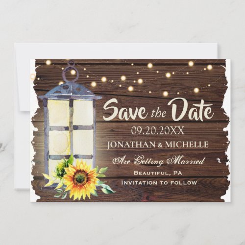 Sunflower String Lights Lantern Rustic Wood Save The Date