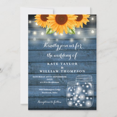 Sunflower String Lights Mason Jar Blue Wedding Invitation