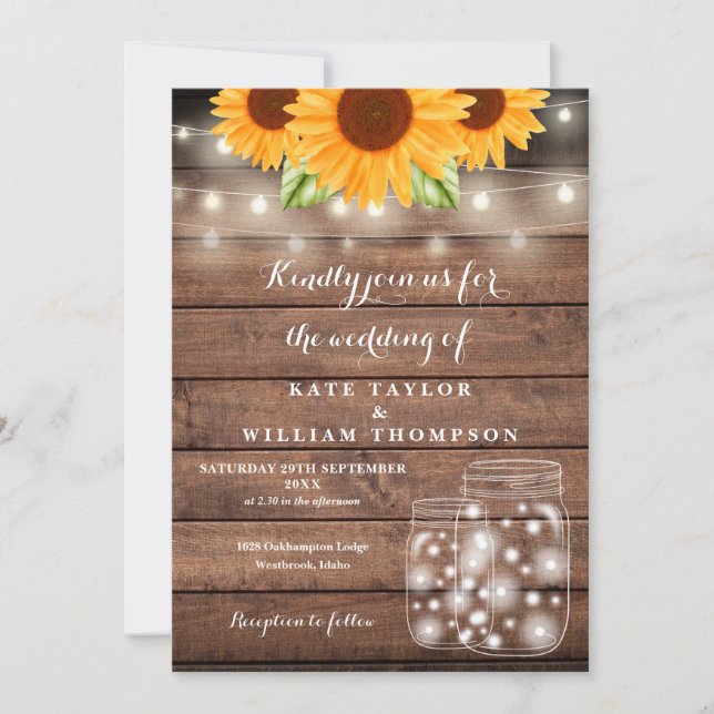 Sunflower String Lights Mason Jar Rustic Wedding Invitation (Front)