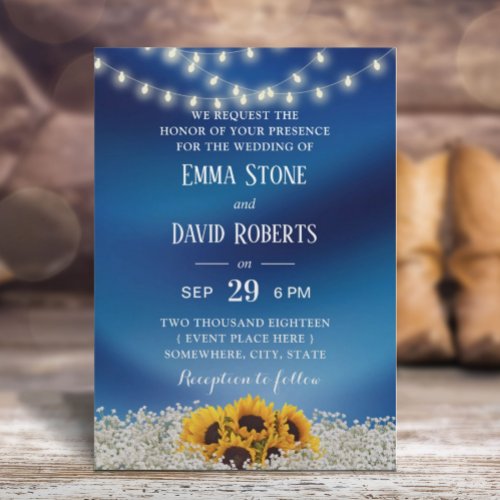 Sunflower  String Lights Navy Blue Wedding Invitation