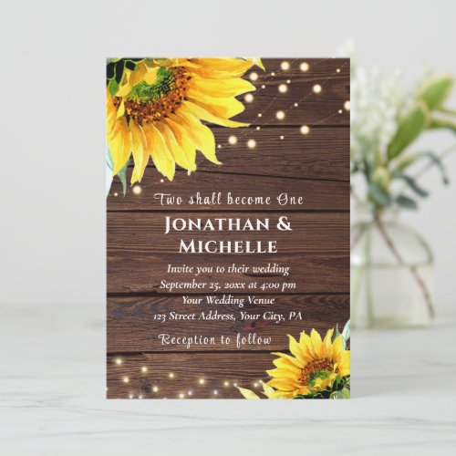 Sunflower String Lights on Wood Christian Wedding Invitation