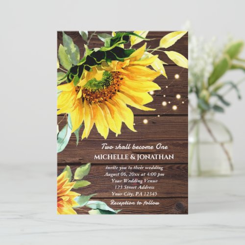 Sunflower String Lights on Wood Christian Wedding Invitation